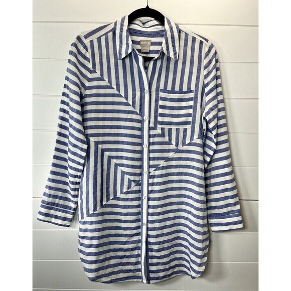 Chico’s Spliced Stripe Blue White Button Front Tunic Pockets Chicos Sz 0 (4-6) - Picture 1 of 11